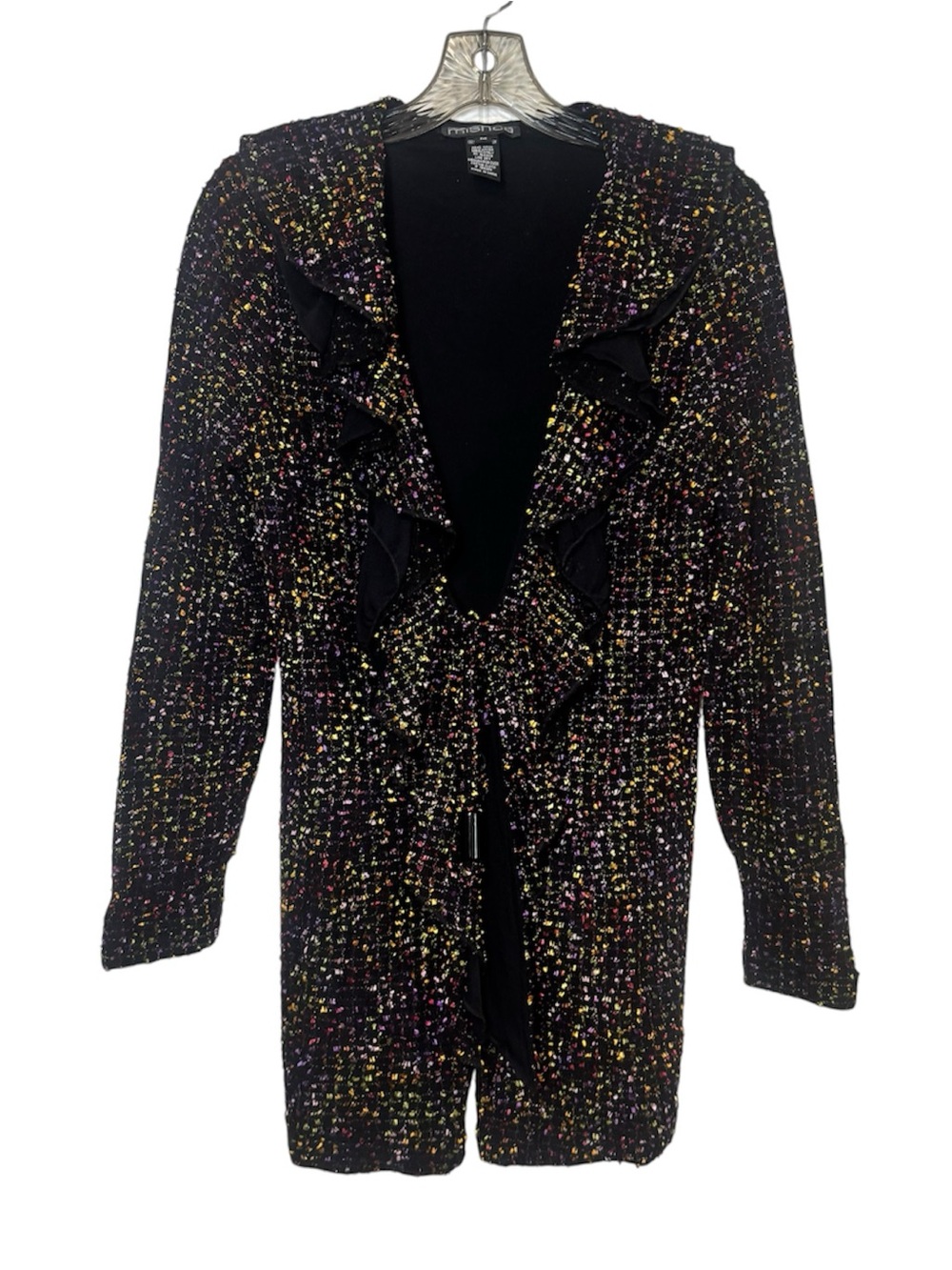 Mishca Ruffle Front Cardigan Duster Jacket Black Multicolor Confetti Fleck Knit